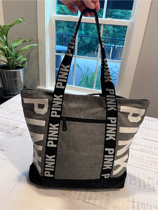 PINK Victoria's Secret Handbags - PINK Victoria's Secret Gray & Black Canvas Logo Tote